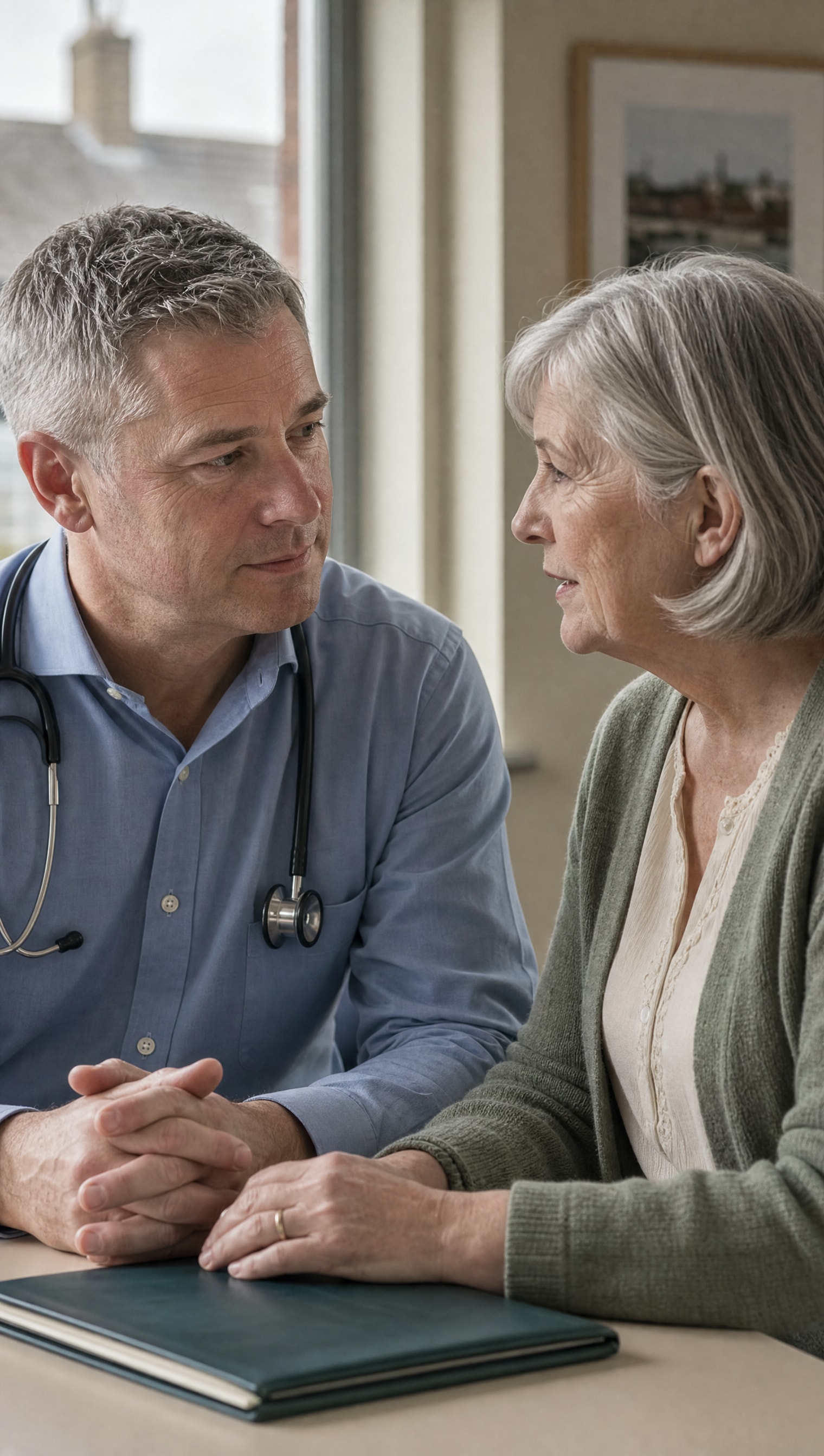 A GP listening closely to an older patient in a private clinic