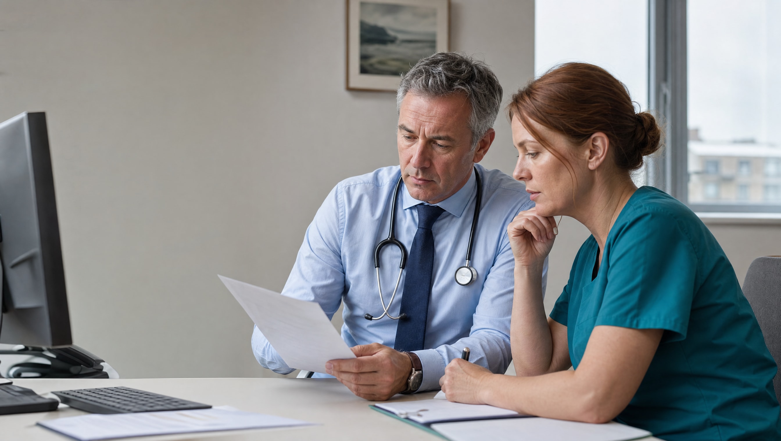 A male consultant and female clinician reviewing a patient record together in a private clinic